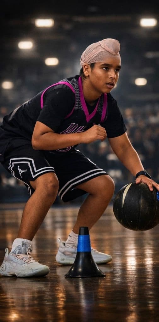 Young basketball player performing dribbling drills during a training session