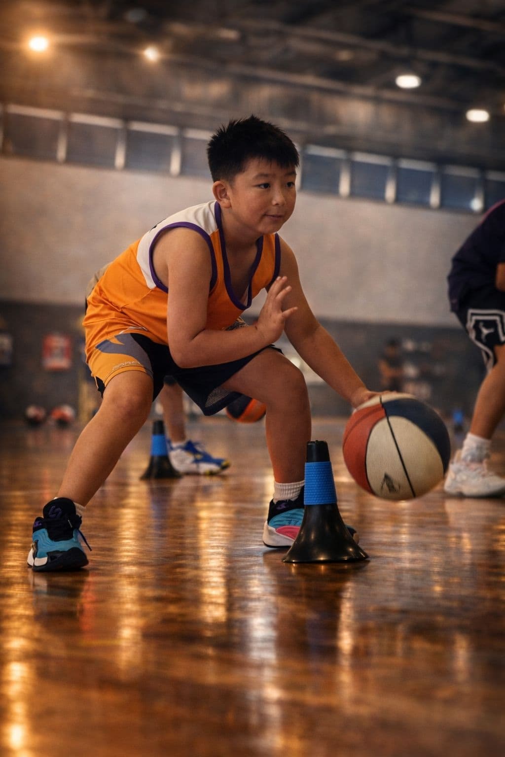 Player dribbling around cones during skills training